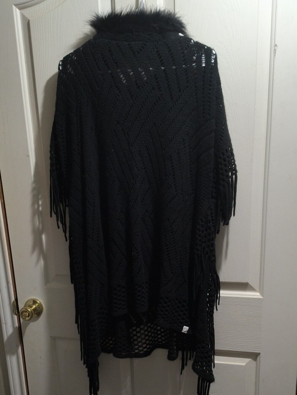 Black Faux-Fur Trim Open Knit Fringe Sweater Poncho - Picture 2 of 2